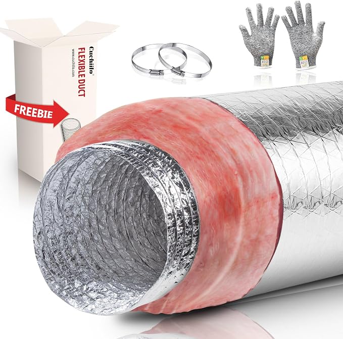 12 Inch Insulated Flexible Duct, 25 Feet Aluminum Hose, R6.0 Air Flexible Duct Hose, 10'' x 25' Long, for HVAC Ductwork