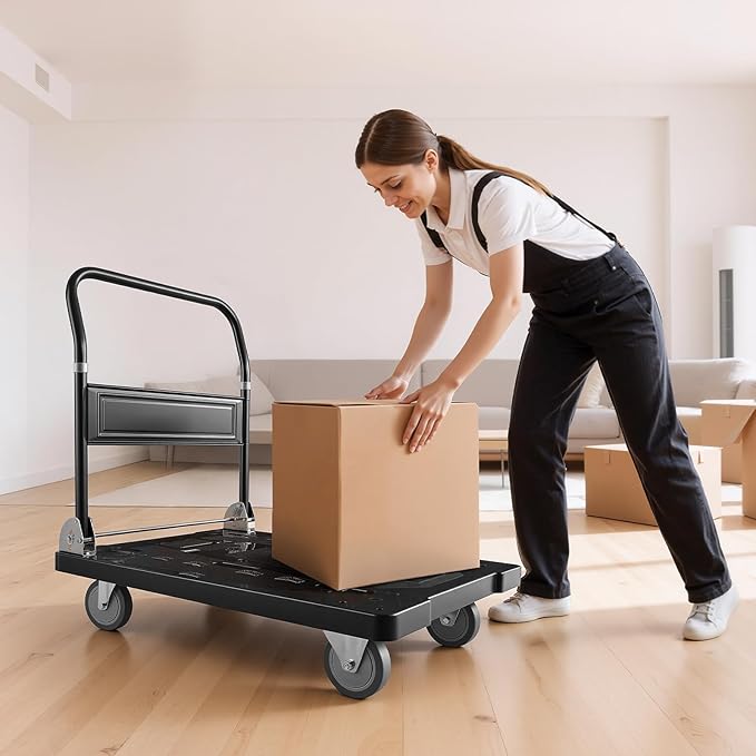 VEVOR Platform Truck Push Cart Dolly, 1000LBS Heavy Duty Folding Platform Truck with 360° Swivel Wheels, Flat Bed Cart with Space Saving Push Handle for Garage/Basement/Office/Warehouse