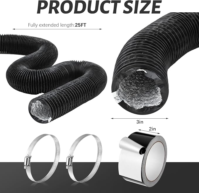 Zonon Dryer Vent Hose 3 Inch X 25 Feet Flexible Aluminum Foil Ducting Non Insulated with Stainless Steel Clamps and Aluminum Tape for Pipe, HVAC Heating Cooling Ventilation and Exhaust(Black)