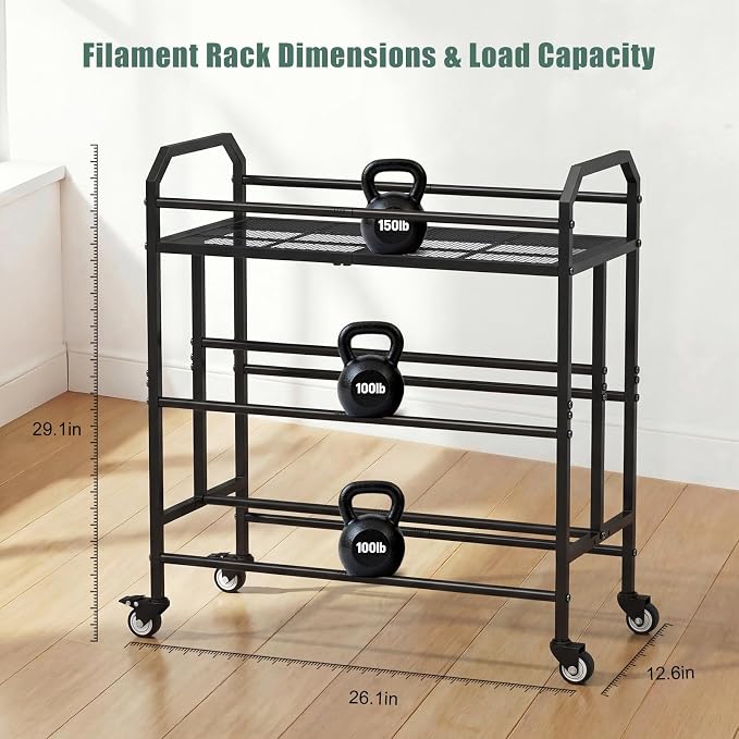 3D Printer Filament Storage Rack 3 Tiers Heavy Duty Metal Filament Spool Holder Holds 36 Spools Sturdy Rolling Filament Shelf with Wheels Easy Assembly Space-Saving for Home Office Workshop