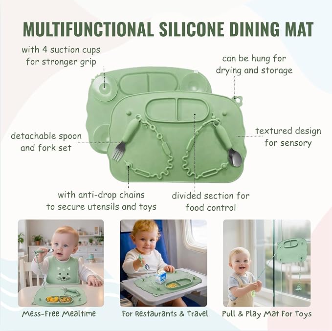 MONDE 25PCS Ultimate Silicone Baby Feeding Set, Complete Mealtime Baby-Led Weaning Essentials From Infant To Toddler, Bib, Smock, Sippy Cup, Dry Wet Bag, Placemat, Perfect Premium Gift Set (Green)