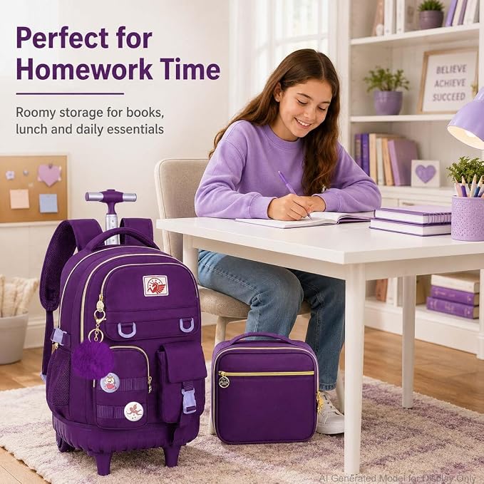 CCJPX 3PCS Rolling Backpack for Girls, Women Roller Bookbag with Lunch Box for Adults, Water Resistant Wheeled School Bag for Teens Kids Travel - Dark Purple