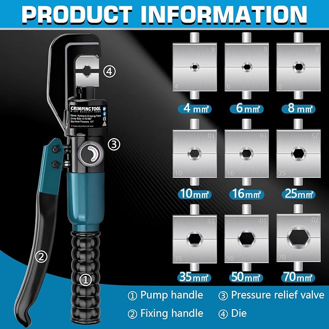 Hydraulic Crimping Tool Set with Cable Cutter, 10 Tons Battery Cable Crimper Tool with 12 AWG to 00 (2/0), Terminal Cable Wire Tool Kit with 9 Die (12awg~00awg Crimping Tool) Blue