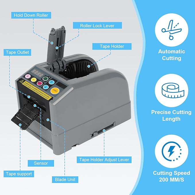 Ribbon Cutting Machine, Automatic Tape Dispenser, Dual-Tape Design, 999mm Max Cut Length, Smart Memory & Safety Sensor for Office, Craft, and Packaging Use