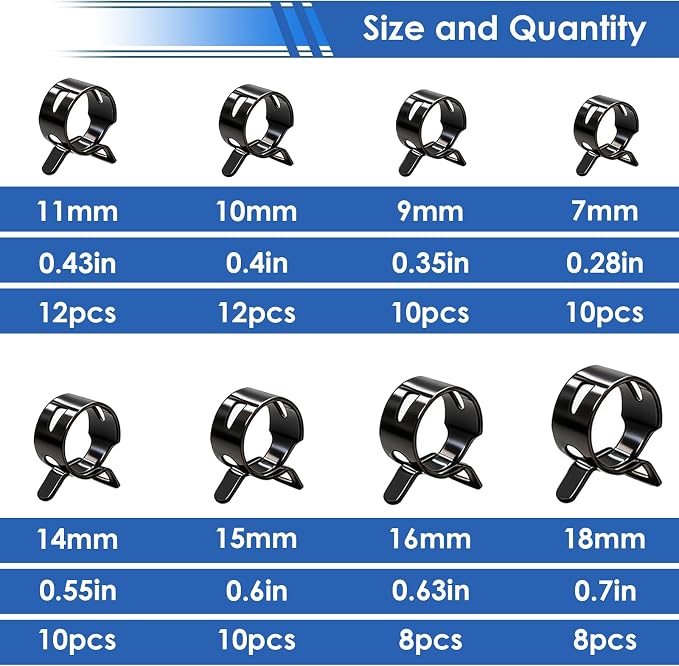 smseace Spring Hose Clamp Assortment kit 7-18mm 8-sizes Constant Tension Hose Clamp used for Fuel Line，Vacuum Hose，Air Hose Spring Band Hose Clamp Kit
