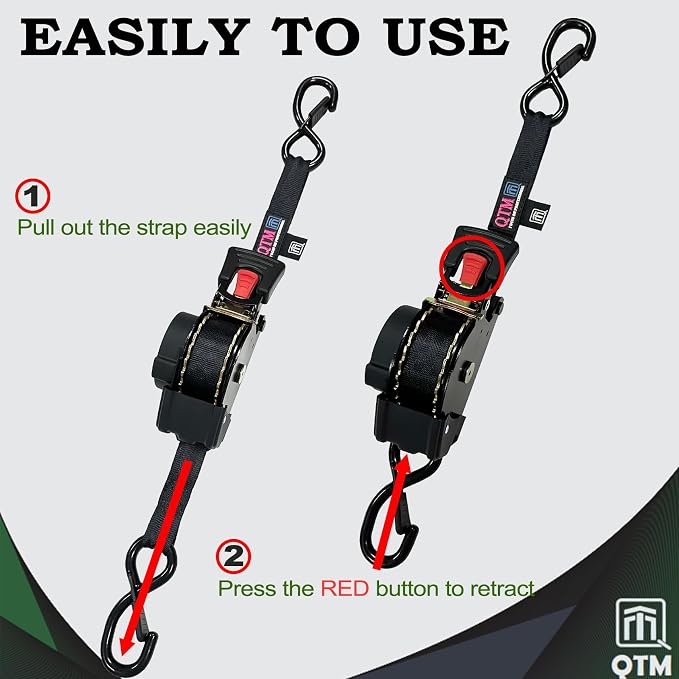 QTM QTM 4-Pack Retractable Ratchet Straps Black Heavy Duty, 1 Inch x 15 Feet with Soft Loops, 2000lbs Breaking Strength, Best Self Retracting Tie Down for Truck Cargo Trailer Motorcycle
