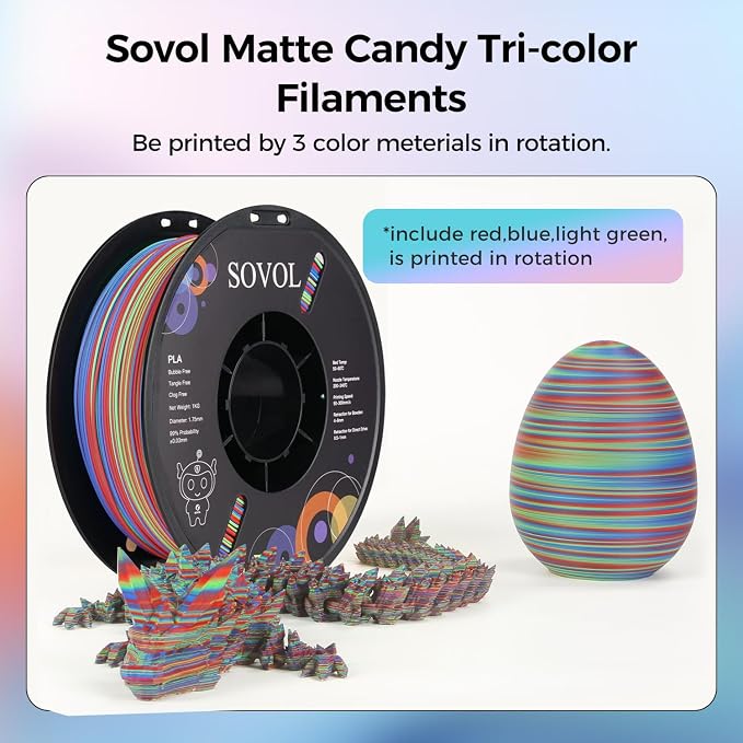 Sovol Matte PLA Filament Rotated Tri Color Co-Extrusion 1.75mm, Fast Change 3D Printer Filament 1kg/ 2.2lbs, Matte Red Green Blue 3 in 1 Coextrusion PLA Material +/-0.03mm