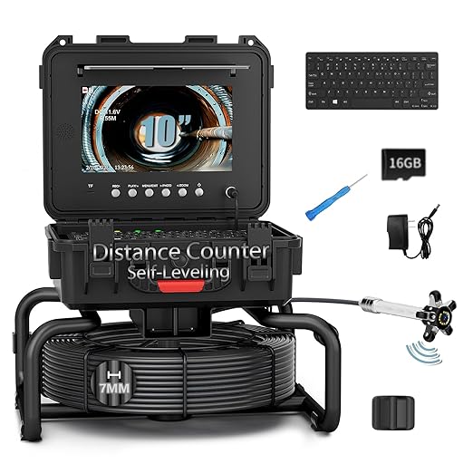 Sewer Camera Self Leveling with 512Hz Sonde & 50m/165ft 7mm Cable, 10" IPS 1080P Drain Camera Pipe Inspection Equipment with DVR Recorder, Keyboard & Meter Counter for Plumbing Professionals