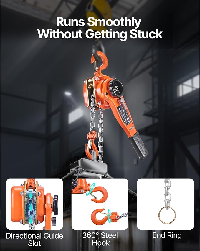 VEVOR Manual Lever Chain Hoist, 1T 2200LBS Capacity Heavy Duty Come Along, 10FT Lift G80 Alloy Steel Chain with Dual Pawl Mechanical Brake,360°Rotating Hooks, for Warehouse Construction Garage
