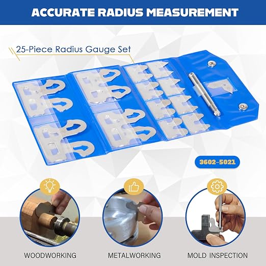 25 Pc Radius Gauge Set 1/64''-1/2'' Gauges with Holder, 3602-5021 Radius Measuring Tool