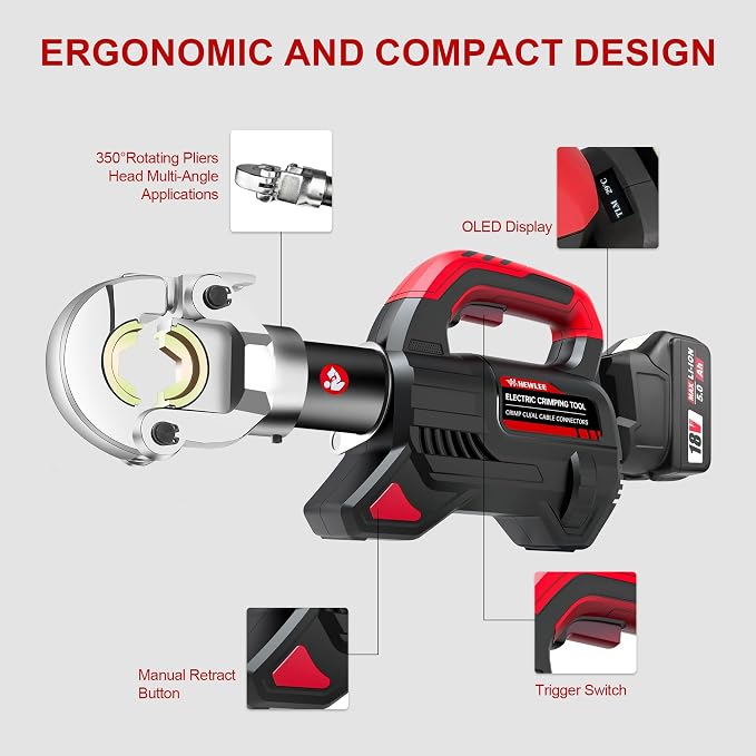 Electric Wire Cable Crimper Battery Powered Hydraulic Crimping Tool Range 8AWG to 600MCM with 12 Dies, Electricians for Circuit Repairs and Stainless Steel Deck Upgrades (HL-300K)