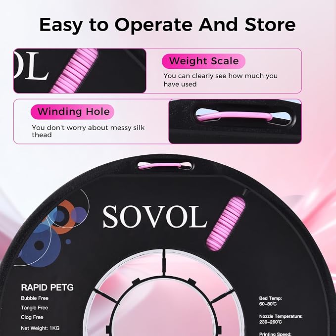 Sovol 3D Printer Rapid PETG Filament 1.75mm 1KG (2.2lbs), High Precision, Strong Toughness, Wiring Tightness, Dimensional Accuracy +/- 0.03 mm, 3D Printing High Speed PETG Filaments, Pink