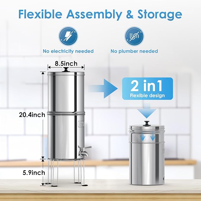 AQUA CREST TN-A-FS Gravity Water Filter System, NSF/ANSI 42&372 Certified Filters of 4, Reduce Fluoride and Chlorine, Stainless Steel Water System for Home, Emergencies, 2.25G