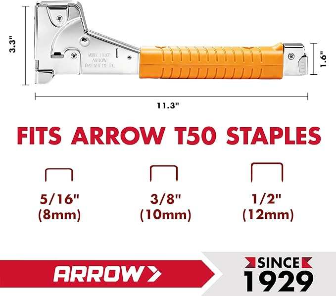Arrow HT50 Heavy Duty Hammer Tacker, Chromed-Steel Manual Stapler with Sure-Grip Handle, Dual-Capacity Rear-Load Magazine, Fits 5/16”, 3/8", or 1/2" Staples