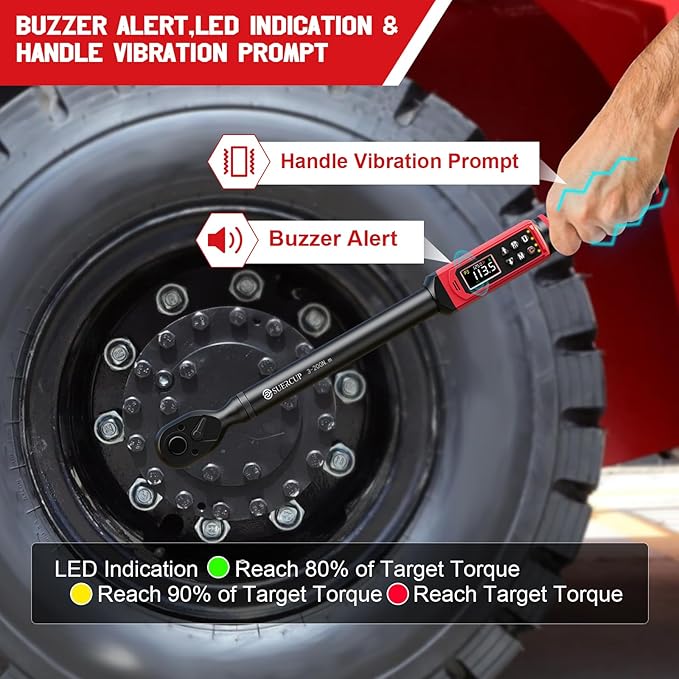SUERCUP 1/2" Digital Torque Wrench, 2.2-147.5Ft.Lb/3-200N.m, ±1% Accuracy | Electronic Torque Wrench, Vibration, Buzzer, LED Flash,9 Presets & 5 Units for Engine/Suspension, Lug Nut, Car & Moto Repair