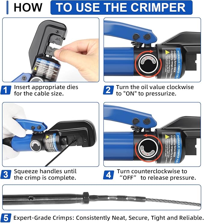 10 Ton Hydraulic Crimper, YQK‑70 Crimping Tool, 12–2/0 AWG, 1/8" 3/16" Dies for Stainless Steel Cable Railing, Battery Cable Terminal Lug Crimping Pliers