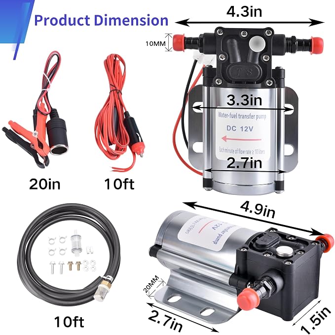 Fuel Transfer Pump Kit with Carrying Case, 12 Volt Electric Fuel Transfer Pump, High Efficiency Self-priming Pump for Pumping Gasoline, Diesel, Kerosene, Water and Liquids
