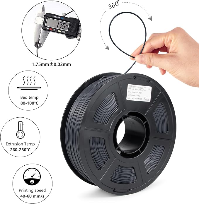 Carbon Fiber ASA Filament 1.75mm, UV/Heat Resistant/Weather Resistance ASA-CF 3D Printer Filament, Black Carbon Fiber Filament for Outdoor Functional Parts, 1kg(2.2lbs) Spool