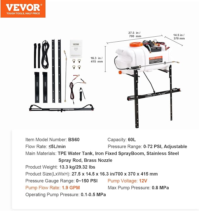 VEVOR ATV Spot Sprayer, 15.9 Gal/60L ATV/UTV Broadcast Sprayer with A Nozzle Boom, 12 V Pump Sprayer with Water Tank, 1.9 GPM Flow Rate, Adjustable 0-72 PSI, 20FT Hose, for Garden, Farm
