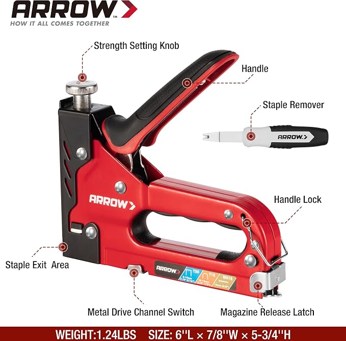 Arrow Heavy Duty Staple Gun, 3-in-1 Upholstery Staple Gun with 3000 Staples, Manual Brad Nailer with Remover, Power Adjustment Stapler Gun for Wood, Wire, Decoration, Fixing Material, Crafts, DIY