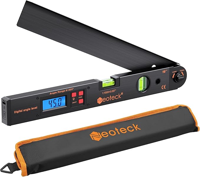Neoteck 16 inch Digital Angle Finder 225° Aluminum Protractor, LCD Backlight & Bubble Level High Accuracy ±0.5°, Data Hold & Locking Knob, Auto-Off for Woodworking, Construction, Machinery