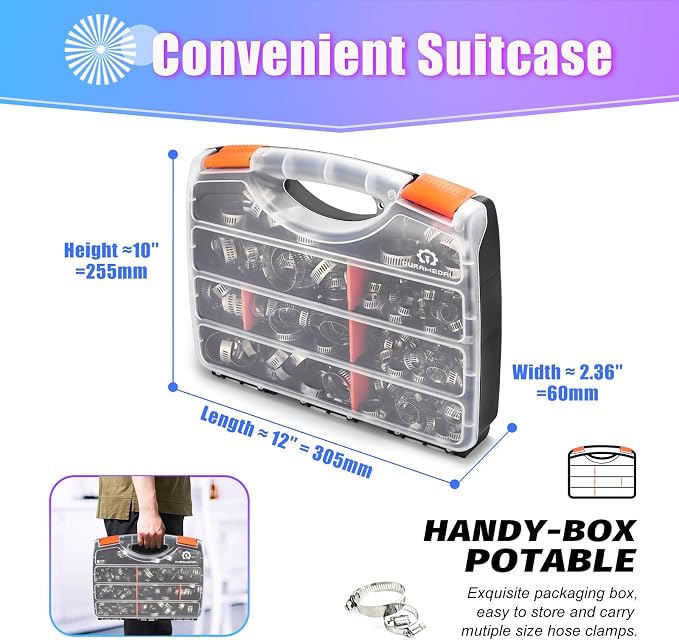Hose Clamp- Duramedal 200 PCS Stainless Steel Hose Clamps Assortment Kit 1/4''–1-2'' stainless steel hose clamps for Fuel Line, Plumbing, Automotive, Mechanical Applications, Tube, Garden