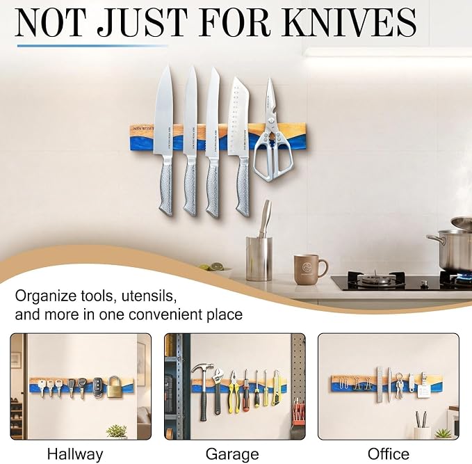 MEN WITH THE POT Magnetic Knife Strips, 16 Inch Magnetic Knife Holder for Fridge Wall, Acacia Wood & Blue Resin Knife Magnetic Strip Use as Knife Bar, Knife Holder for Kitchen Utensil Organizer