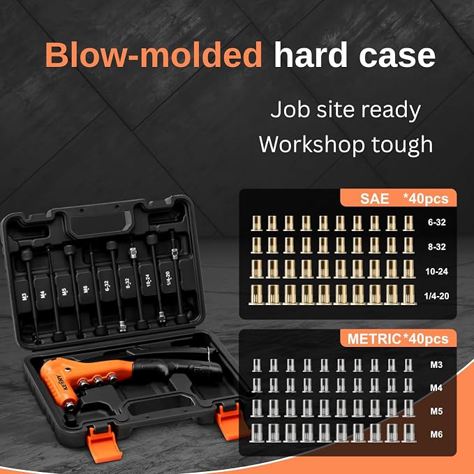 Kerry Rivet Nut Gun Tool, One-Handed Riveters 9.5" Rivnut Tool Kit with 8 Metric and SAE Mandrels 80PCS Rivet Nuts, 6-32 8-32 10-24 1/4-20 M3 M4 M5 M6 with Carrying Case Ideal for Automotive Work