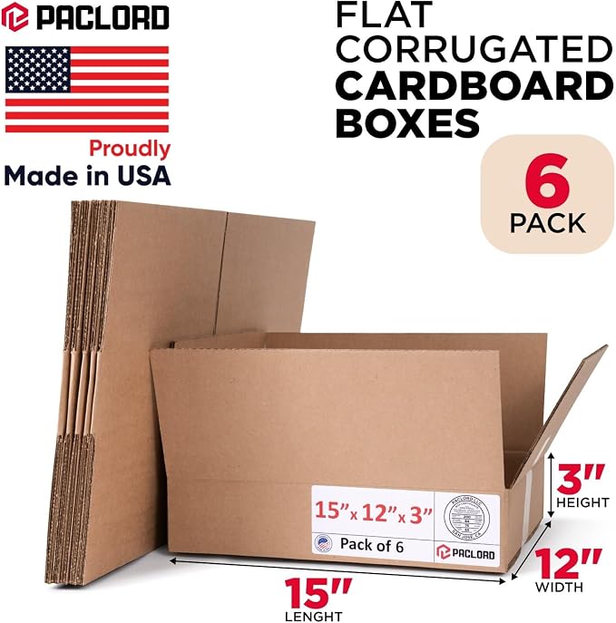 Flat Cardboard Boxes 15"L x 12"W x 3"H (Pack of 6) - USA-Made Packing Boxes for Moving, Shipping, or Storage - USPS, UPS, FedEx Approved - Professional Packing Supplies for Moving | USA-Made Packing Boxes for Moving, Shipping, or Storage - USPS, UPS, F...