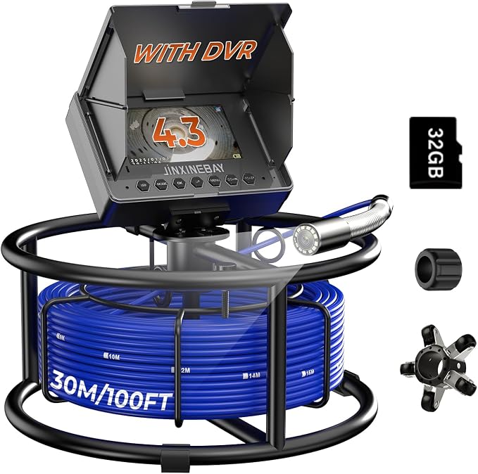 Sewer Pipe Inspection Camera, 4.3'' IPS Monitor with 32GB TF Card DVR, IP68 1080P Camera 100FT Fiberglass Cable, 8500mAh Battery Night Vision, for Home/Contractor/Plumber (100FT)