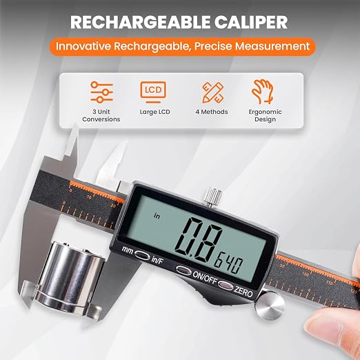HARDELL Digital Caliper, Rechargeable 0-8 Inch Calipers Measuring Tool with Large LCD Screen, Inch/MM/Fraction, Stainless Steel, Auto-Off, Vernier Caliper Digital Micrometer for DIY
