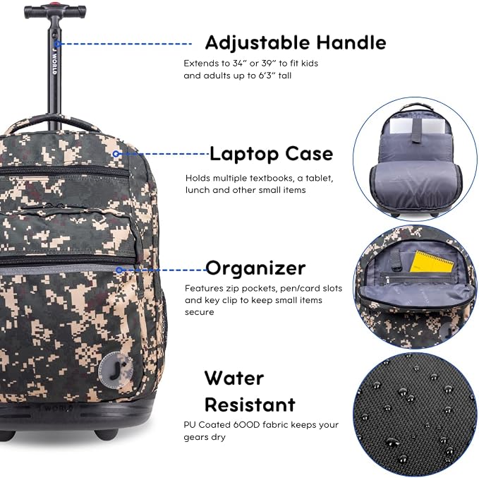 J World Sundance Laptop Rolling Backpack for Girls Boys. Roller Bookbag with Wheels, 20 Inch, Green Camo