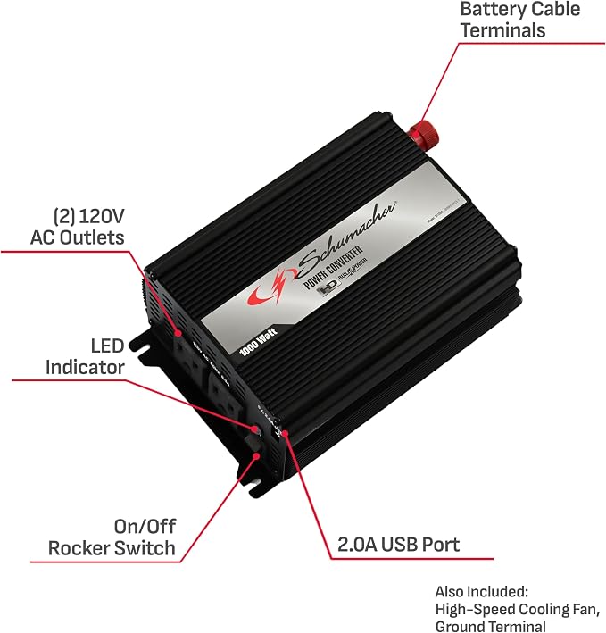 Schumacher Electric SI1000 DC to AC Power Inverter - 1000W AC/USB - for Converting Vehicle Power to Household Power for Camping, Tailgating and More