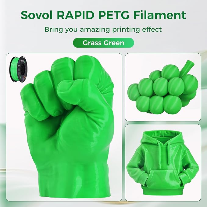 Sovol 3D Printer Rapid PETG Filament 1.75mm 1KG (2.2lbs), High Precision, Strong Toughness, Wiring Tightness, Dimensional Accuracy +/- 0.03 mm, 3D Printing High Speed PETG Filaments, Grass Green
