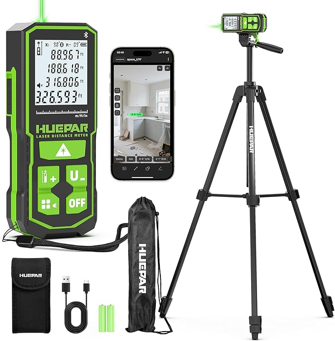 Huepar 395FT Bluetooth Green Laser Measuring Tool with 60" Tripod, 1/16in Accuracy Laser Distance Measurement Tool, Digital Laser Room Measuring Device, Laser Distance Meters
