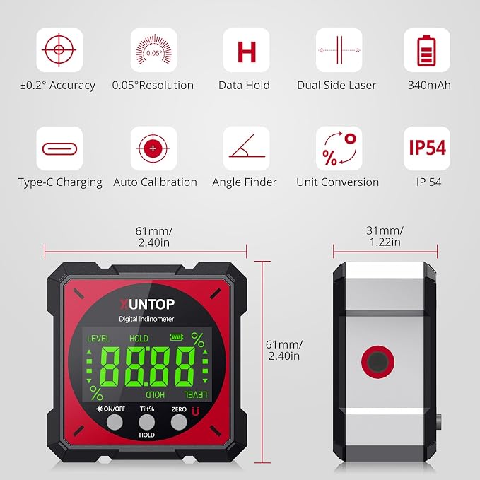XUNTOP USB Charging Digital Angle Finder Level Box with Laser (Class 2, <1mW Output), 4-side Strong Magnetic Angle Gauge IP54 Waterproof Inclinometer Level for Hanging Decorations Woodworking