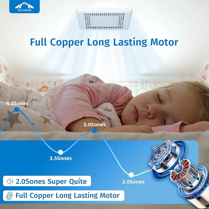 Tech Drive Bathroom Fan with light,Very-Quiet 70 CFM, 2.0 Sone,3 Inch Duct | 600LM 4000K LED light, Ceiling Mounted Ventilation Fan,Easy to Install for Bathrooms Up to 75 Sq. Ft