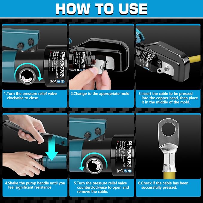Hydraulic Crimping Tool Set with Cable Cutter, 10 Tons Battery Cable Crimper Tool with 12 AWG to 00 (2/0), Terminal Cable Wire Tool Kit with 9 Die (12awg~00awg Crimping Tool) Blue