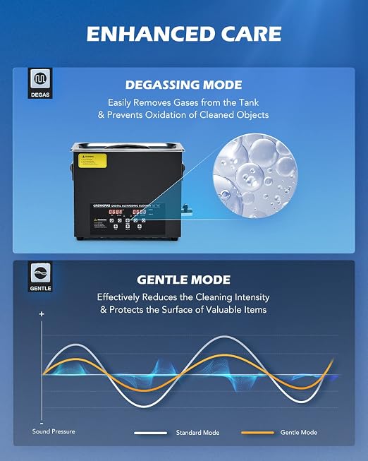 CREWORKS 6L Digital Ultrasonic Cleaning Machine with Degas and Gentle Mode, 180W Ultrasonic Cleaner Machine with Heater and Timer, 1.6 gal Ultrasound Cleaner for Retainer Jewelry Lab Tool Auto Part