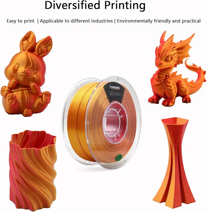 Silk Dual-Color PLA Filament 1.75mm Red-Gold, ±0.03mm Precision, 1kg Spool (2.2 lbs), Smooth Gradient Two-Tone PLA, Neatly Wound & Compatible with Most 3D Printers