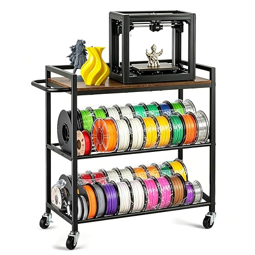 facka 3D Printer Stand with Filament Storage, 3-Tier 3D Printer Desk Table | Wood Shelves, Wheels and Foot Pads, Compact Printer Shelf for Small to Medium Printers, Tools, PLA and Resin Storage