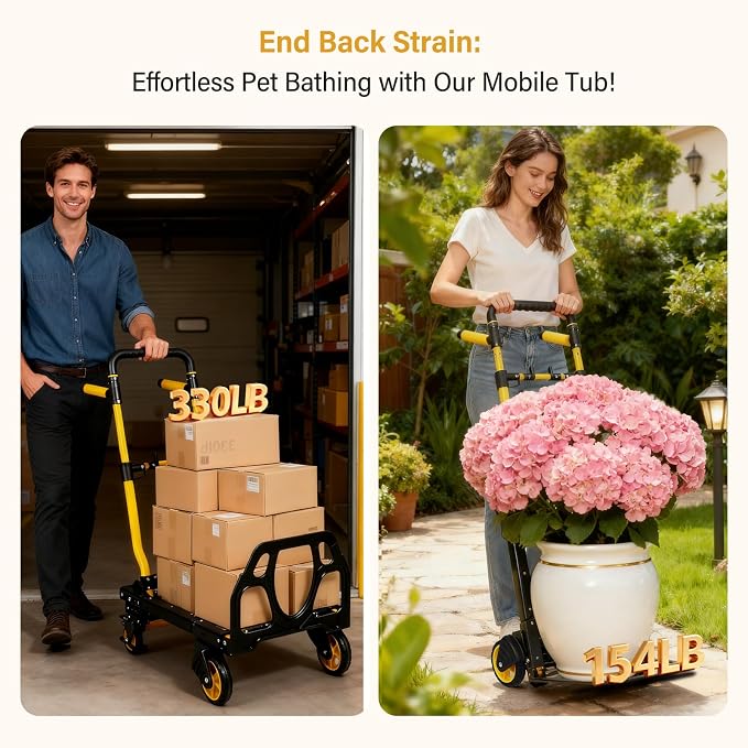 Folding Hand Truck Dolly, 330 lbs Heavy Duty Convertible 2-in-1 Dolly Cart with 3-Level Adjustable Handle, 360° Swivel Handle & Tool Bag for Moving, Shopping, Warehouse & Garage