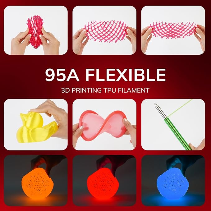 AMOLEN 95A TPU 3D Printer Filament, 1.75mm Glow in The Dark Red, Soft TPU Flexible 3D Printing Filament, High Hardness & Resilience, Best with UV Lamps, 1kg Spool(2.2lbs), Fit Most 3D Printers