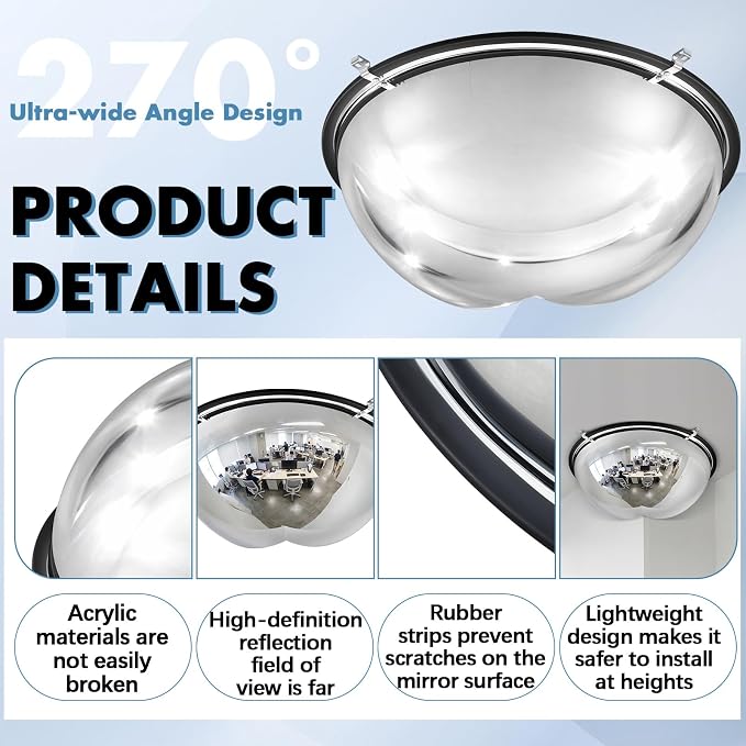 Sintuff 1 Pcs 18'' 270 Degree Corner Dome Mirror, Impact-Resistant Acrylic Corner Dome, High Viewing Angle, Security and Safety Mirror for Blindspot