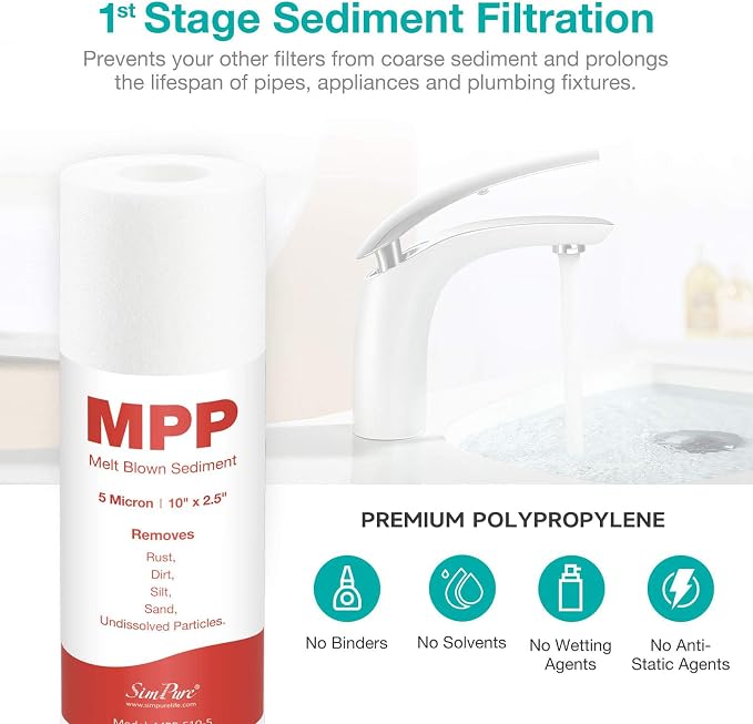 SimPure 5-Stage Reverse Osmosis Replacement Filter Set with 75 GPD RO Membrane, 5pc Pre & Post Replacement Cartridge Pack Kit for Standard 10-icnh 5-Stage Reverse Osmosis RO Systems