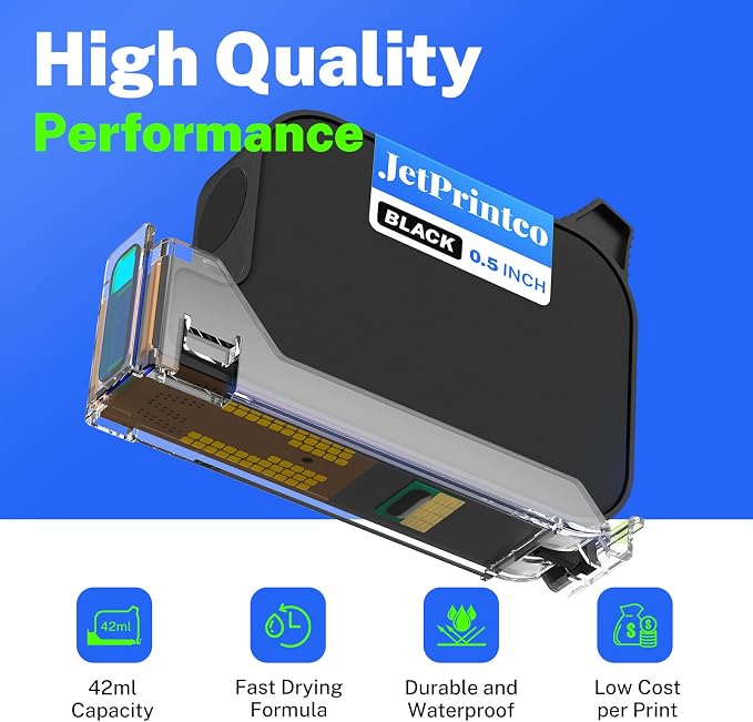 0.5 Inches Print Height Intelligent Handheld Inkjet Printer Lasts 16H Weighs Only 390g for Batch Code Date Lot Number Print on Plastic Carton Wood Metal Glass Aluminum with 42ml Fast Dry Ink (Black)