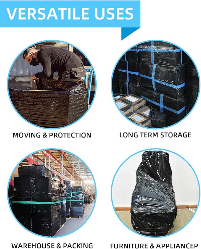 18" Black Stretch Wrap Roll, Heavy Duty 18 Inch 1500ft Shrink Wrap, 4 Pack | Industrial Strength, 80 Gauge Stretch Film, Self-Adhesive Cling, Plastic Wrap for Pallet Wrapping Shipping Moving Furniture