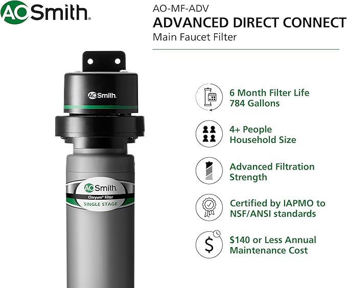 AO Smith Water Filter for Sink Faucet - Advanced Direct Connect Under Sink Water Filter System - Claryum Filtration Reduces 99% of 78 Harmful Contaminants - AO-MF-ADV