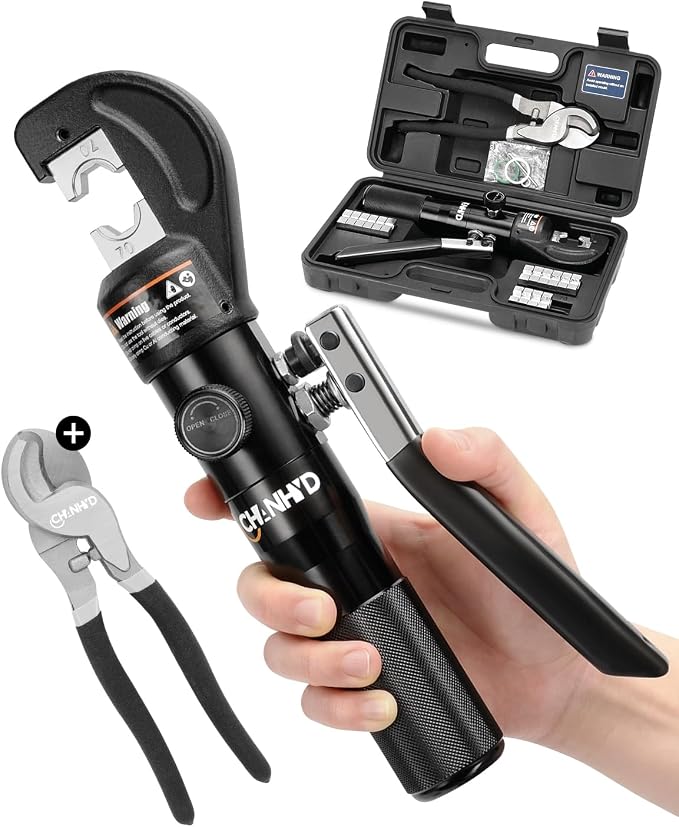 Hydraulic Crimping Tool and Cable Cutter, 12 AWG to 00 (2/0), 10 Tons Battery Cable Crimper Tool with 9 Crimping Dies, Wire Terminal Lug Crimping Tool for Cable Lug with cutter
