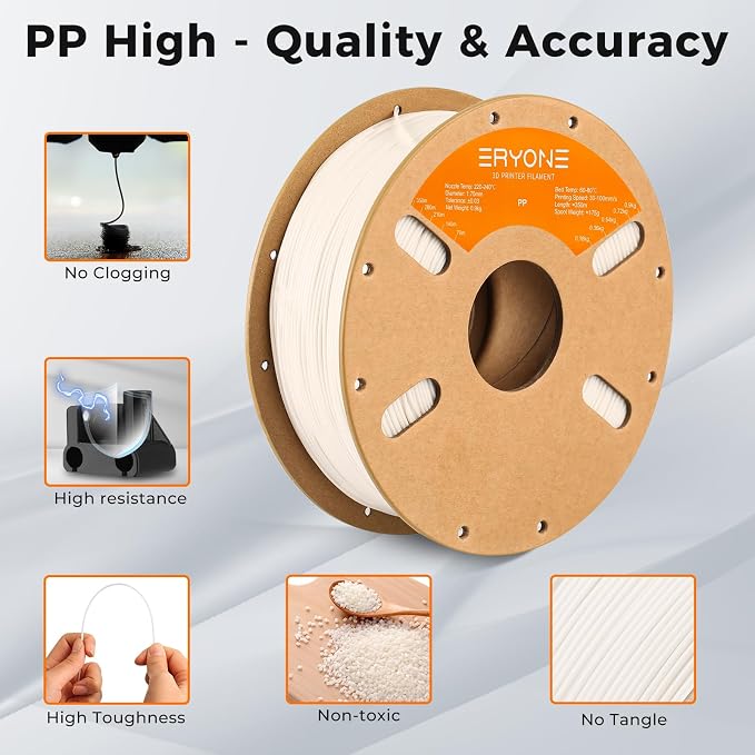 ERYONE Polypropylene Filament 1.75mm +/-0.03mm, Semi-Flexible & Ultra Tough, Chemical-Resistant,PP 3D Printing Filament, 900g/Spool, White